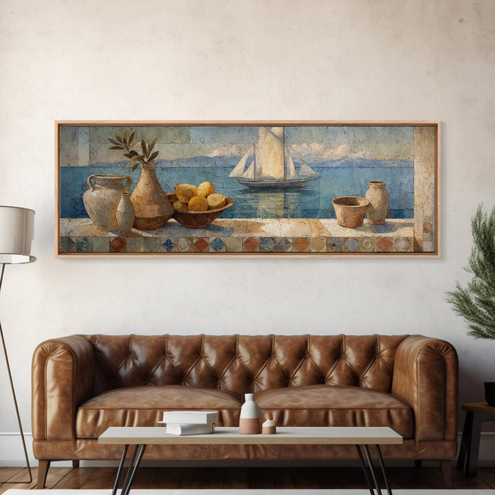 Mediterranean Sailboat on Glassy Water Canvas Print, Mediterranean Art, Living Room Decor, Abstract Art, Azure, MAR-3x1-34