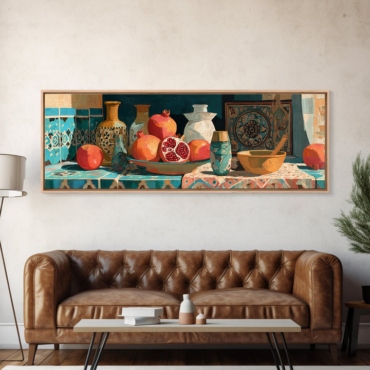 Pomegranate Still Life Canvas Print, Mediterranean Art, Statement Artwork, Living Room Decor, Fine Art, Azure, Oil Painting, MAR-3x1-35