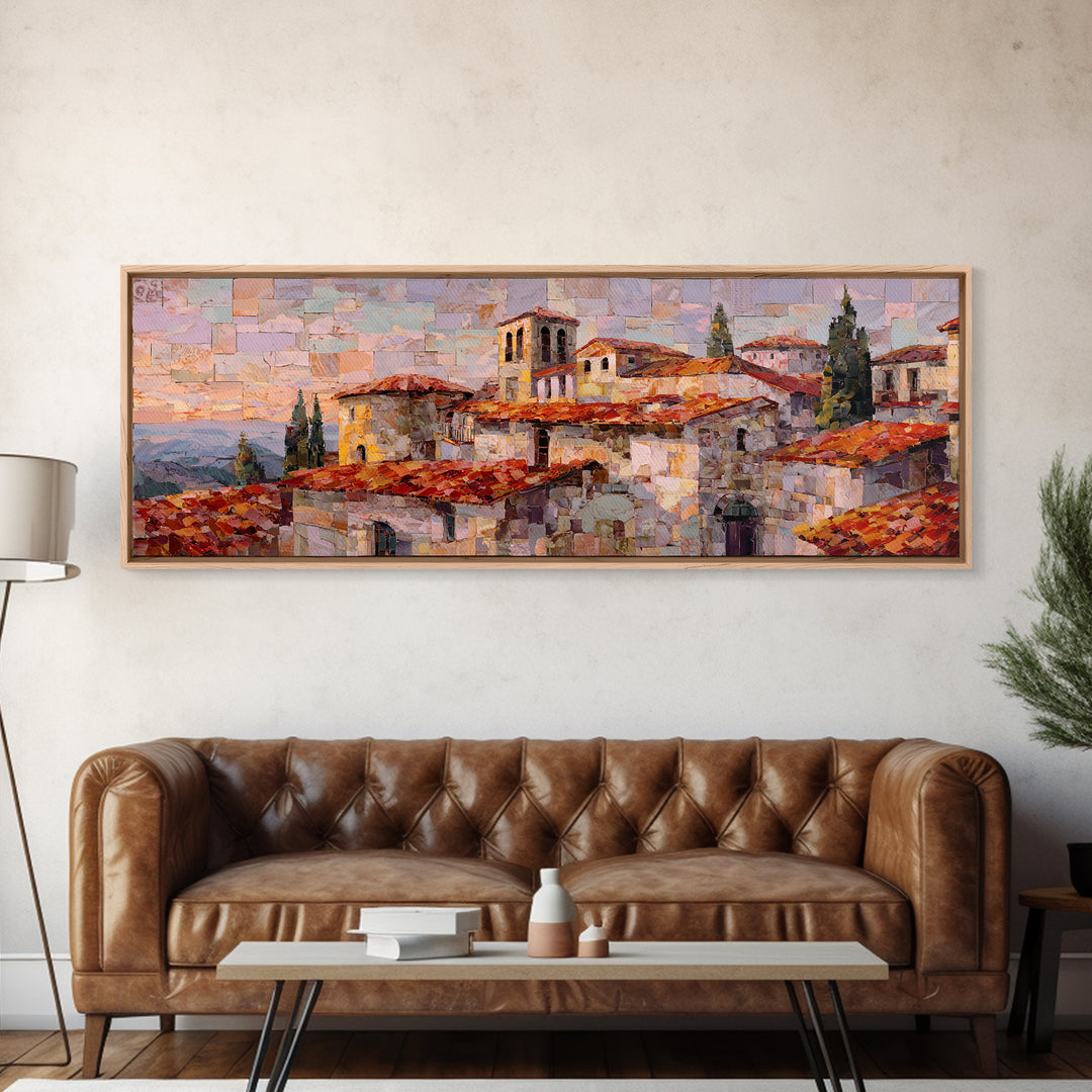 Sunset over Red Tiled Rooftops Canvas Print, Mediterranean Art, Gallery Decor, Living Room Decor, Azure, Minimalist Decor, MAR-3x1-39