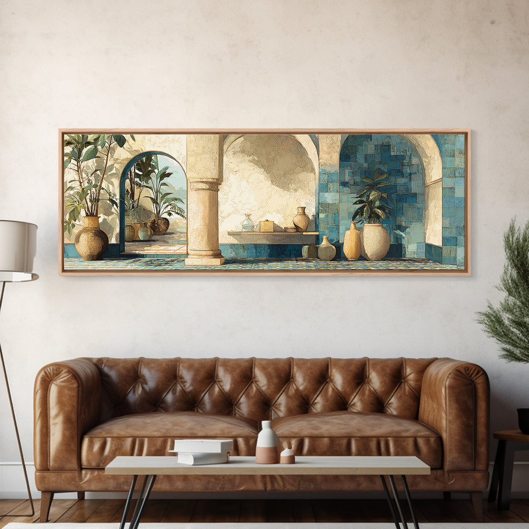 Ancient Column with Sea and Sky Beyond Canvas Print, Mediterranean Art, Beach Wall Art, Living Room Decor, Watercolor Art, MAR-3x1-4