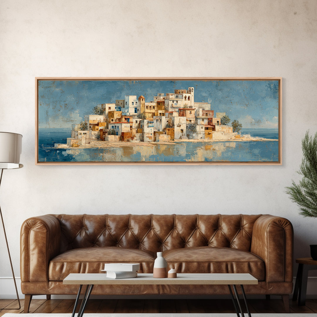 Greek Island White Buildings Above Blue Sea Canvas Print, Mediterranean Art, Coastal Wall Art, Living Room Decor, MAR-3x1-41