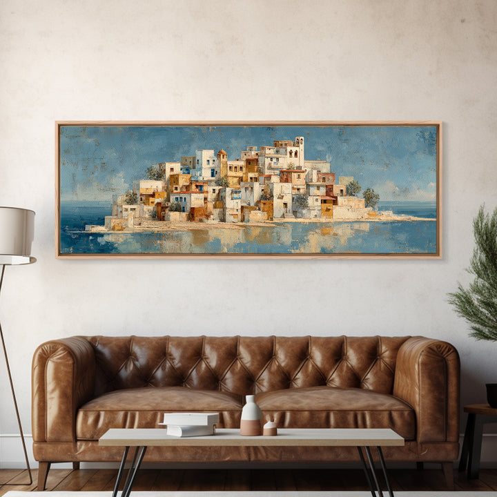 Greek Island White Buildings Above Blue Sea Canvas Print, Mediterranean Art, Coastal Wall Art, Living Room Decor, MAR-3x1-41