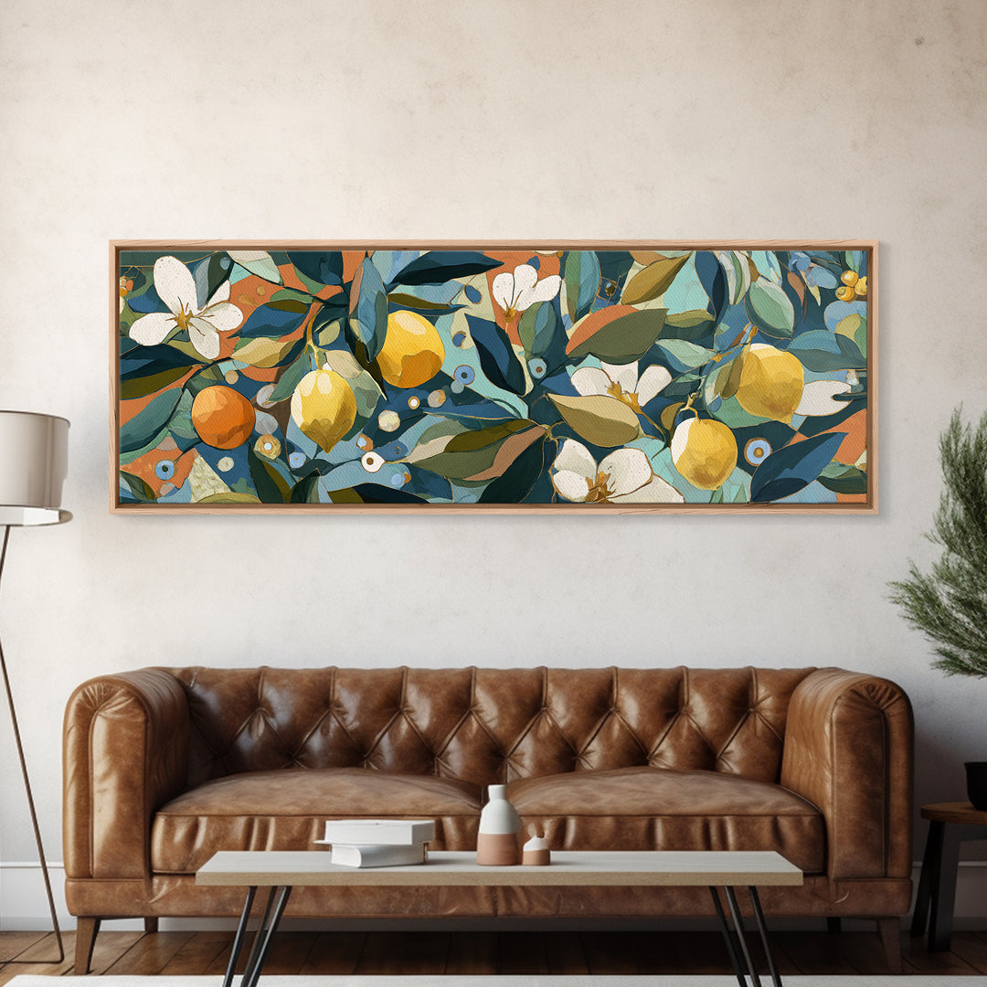 Olive Branch and Lemons on Terracotta Ground Canvas Print, Mediterranean Art, Farmhouse Decor, Living Room Decor, MAR-3x1-42