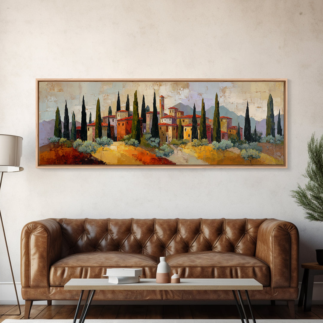 Tuscan Cypress Trees and Golden Hillside Canvas Print, Mediterranean Art, Horizontal Wall Art, Living Room Decor, Azure, MAR-3x1-46