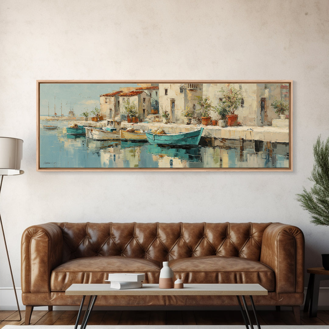 Coastal Fishing Boats Framed Canvas Print, Mediterranean Art, Contemporary Art, Living Room Decor, Oil Painting, Azure, MAR-3x1-47