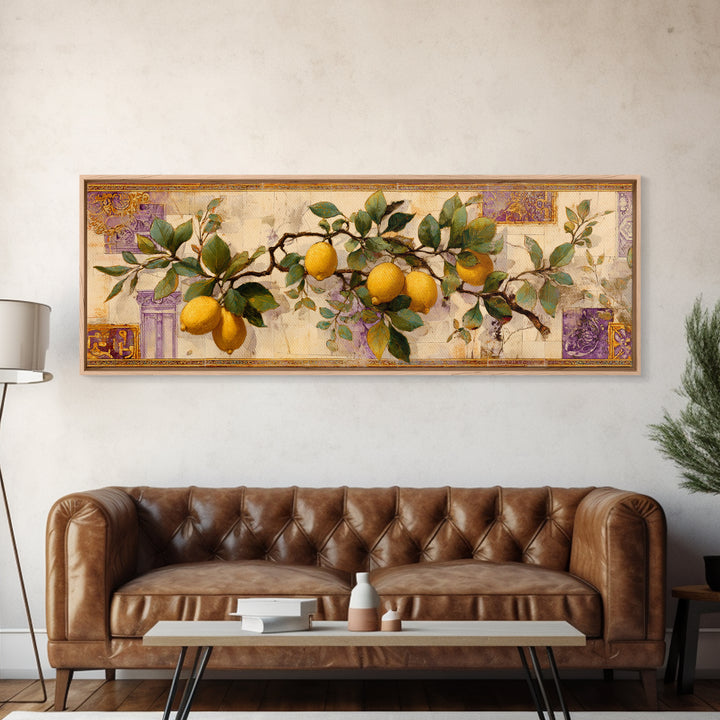 Sicilian Lemon Branch on Ivory Background Framed Canvas Print, Mediterranean Art, Original Painting, Living Room Decor, Azure, MAR-3x1-5