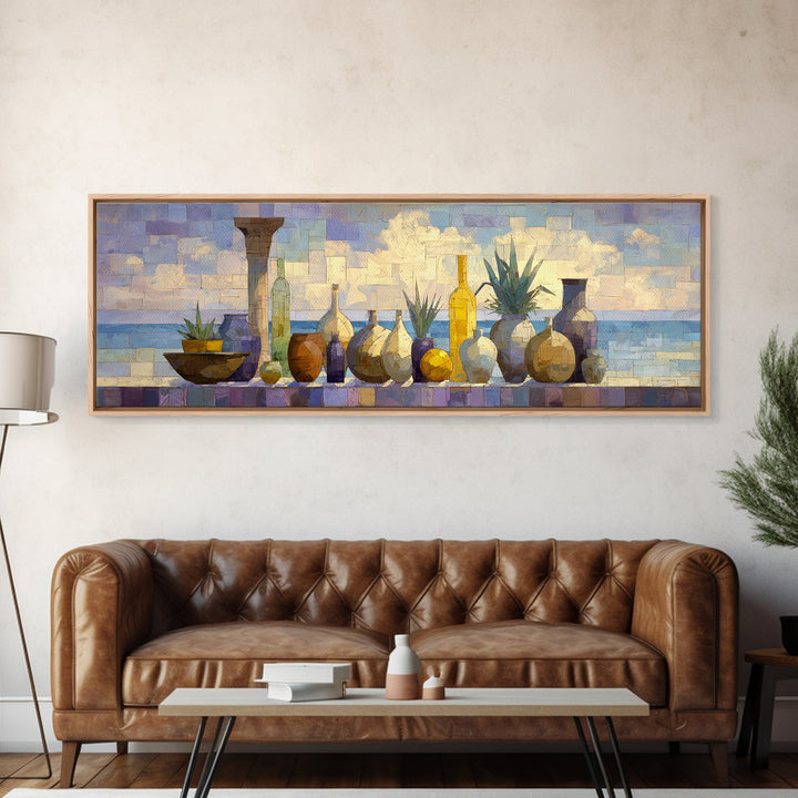 Ancient Column with Sea and Sky Beyond Framed Canvas Print, Mediterranean Art, Luxury Decor, Living Room Decor, Abstract Art, MAR-3x1-52