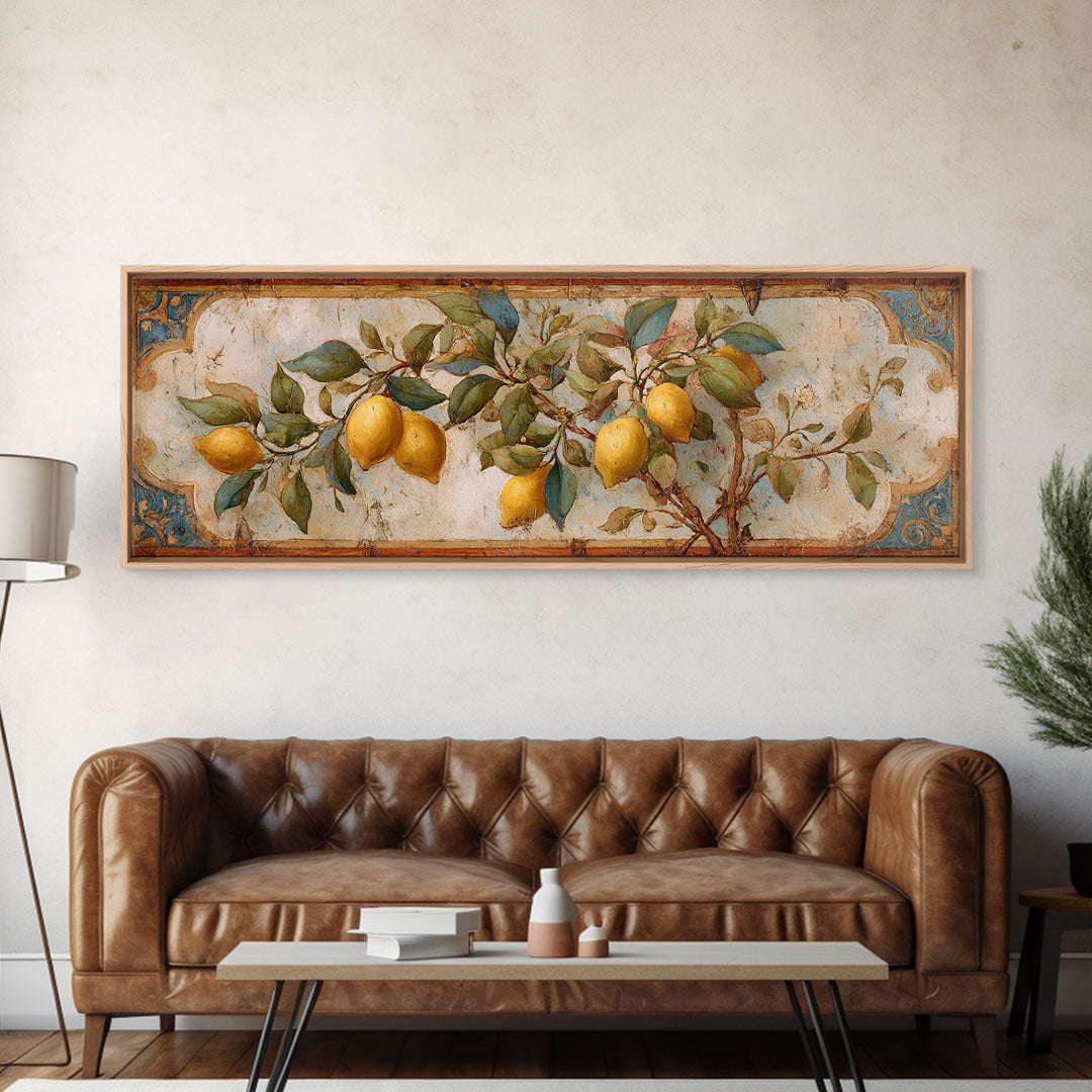 Sicilian Lemon Branch on Ivory Background Canvas Print, Mediterranean Art, Modern Wall Art, Living Room Decor, Azure, MAR-3x1-53