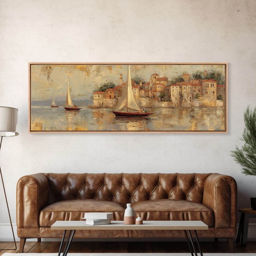 Mediterranean Sailboat on Glassy Water Framed Canvas Print, Mediterranean Art, Printable Art, Living Room Decor, Azure, MAR-3x1-58