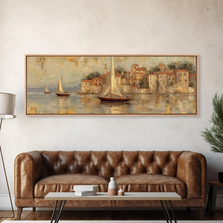 Mediterranean Sailboat on Glassy Water Framed Canvas Print, Mediterranean Art, Printable Art, Living Room Decor, Azure, MAR-3x1-58