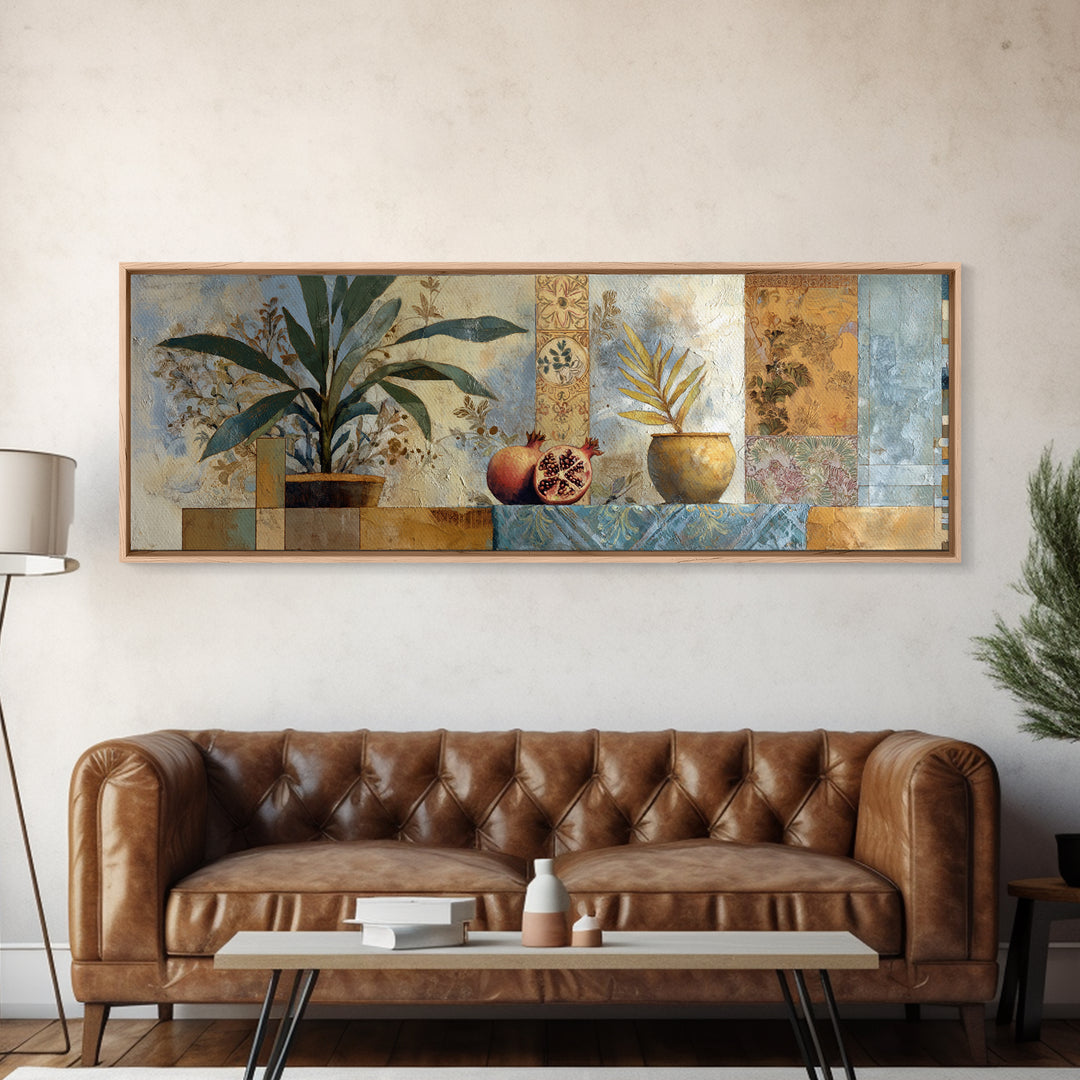 Pomegranate Still Life Framed Canvas Print, Mediterranean Art, Textured Painting, Living Room Decor, Fine Art, Azure, MAR-3x1-59