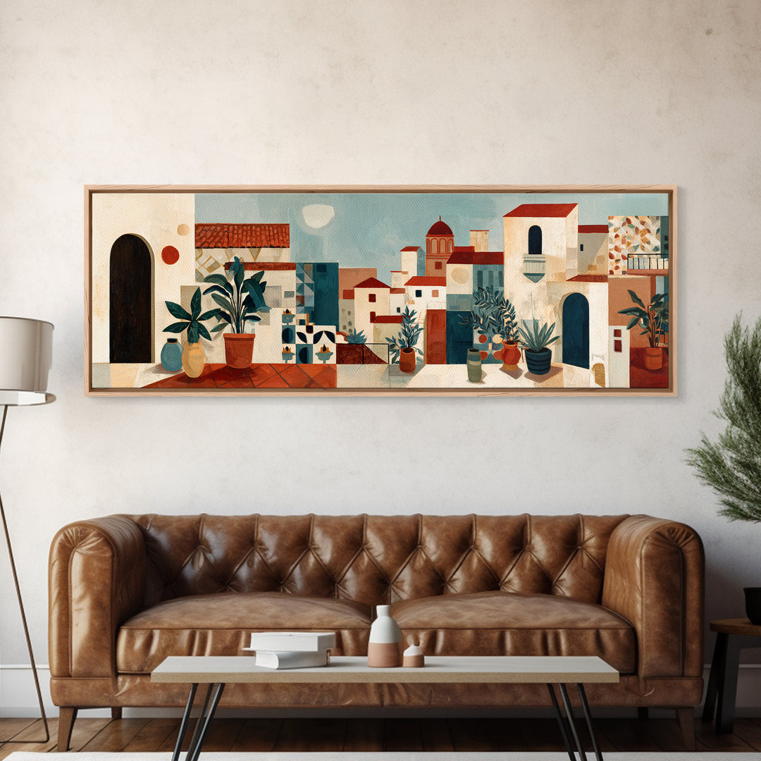 Sunset over Red Tiled Rooftops Framed Canvas Print, Mediterranean Art, Boho Decor, Living Room Decor, Fine Art, Azure, MAR-3x1-63