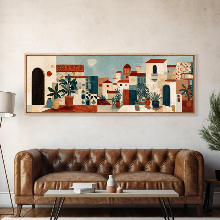 Sunset over Red Tiled Rooftops Framed Canvas Print, Mediterranean Art, Boho Decor, Living Room Decor, Fine Art, Azure, MAR-3x1-63