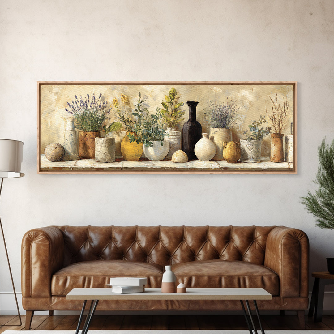 Wild Herbs Rosemary and Thyme Botanical Study Canvas Print, Mediterranean Art, Statement Artwork, Living Room Decor, Azure, MAR-3x1-64