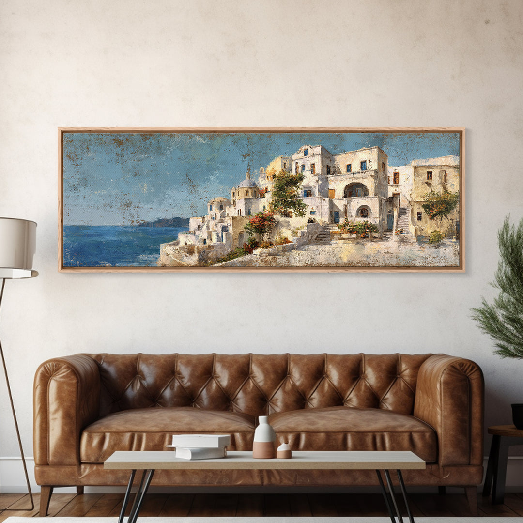 Greek Island White Buildings Above Blue Sea Canvas Print, Mediterranean Art, Coastal Wall Art, Living Room Decor, MAR-3x1-65