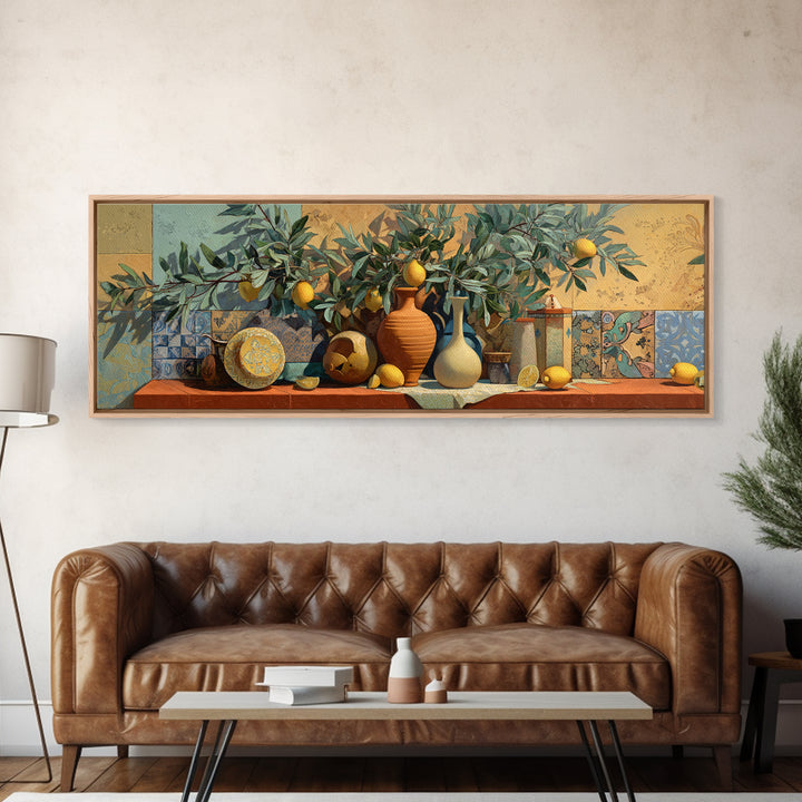 Olive Branch and Lemons on Terracotta Ground Canvas Print, Mediterranean Art, Farmhouse Decor, Living Room Decor, MAR-3x1-66