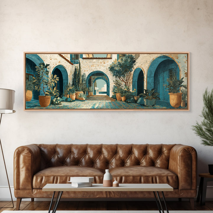 Mediterranean Arch Framing Ocean Horizon Framed Canvas Print, Mediterranean Art, Digital Wall Art, Living Room Decor, Azure, MAR-3x1-67