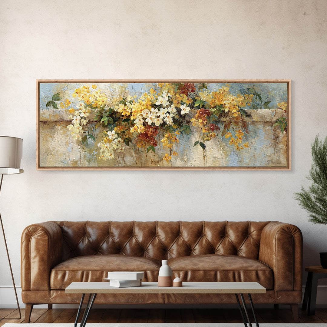 Bougainvillea Cascading over Stone Wall Framed Canvas Print, Mediterranean Art, Digital Art Prints, Living Room Decor, Azure, MAR-3x1-69