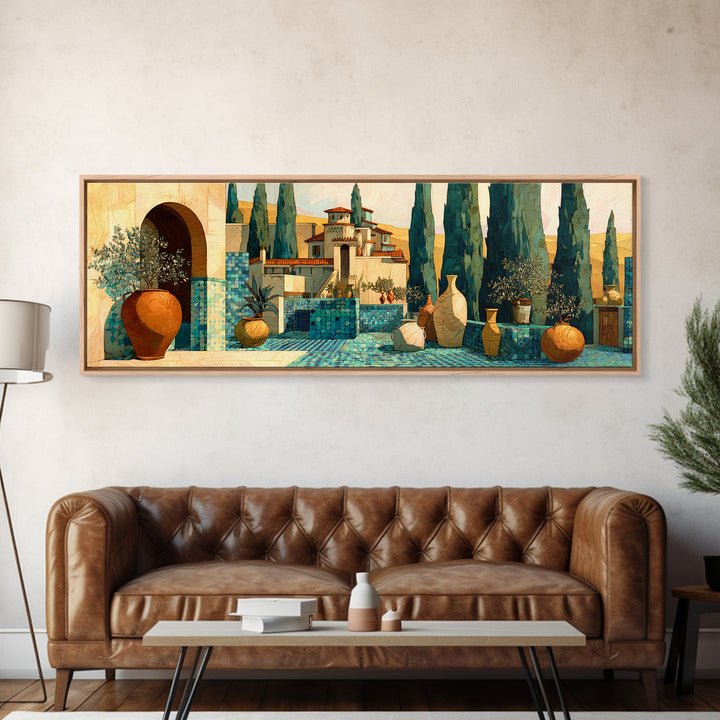 Tuscan Cypress Trees and Golden Hillside Canvas Print, Mediterranean Art, Modern Decor, Living Room Decor, Oil Painting, Azure, MAR-3x1-70