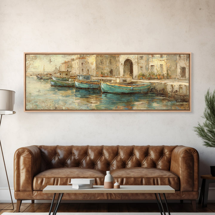 Coastal Fishing Boats Canvas Print, Mediterranean Art, Large Wall Art, Living Room Decor, Fine Art, Azure, Digital Art Prints, MAR-3x1-71