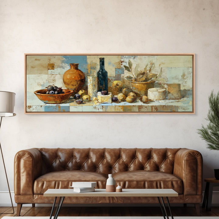 Figs Olives and Cheese Still Life Framed Canvas Print, Mediterranean Art, Minimalist Decor, Living Room Decor, Fine Art, Azure, MAR-3x1-72