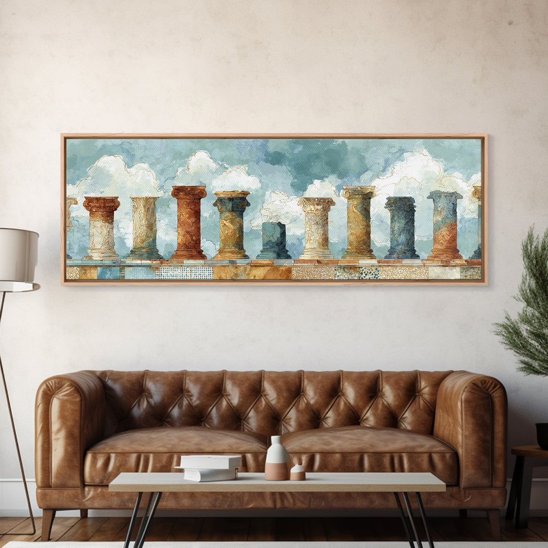 Ancient Column with Sea and Sky Beyond Canvas Print, Mediterranean Art, Contemporary Art, Living Room Decor, Fine Art, Azure, MAR-3x1-76