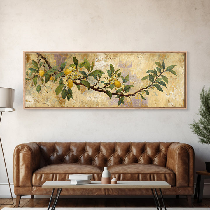 Sicilian Lemon Branch on Ivory Background Canvas Print, Mediterranean Art, Modern Wall Art, Living Room Decor, Azure, MAR-3x1-77