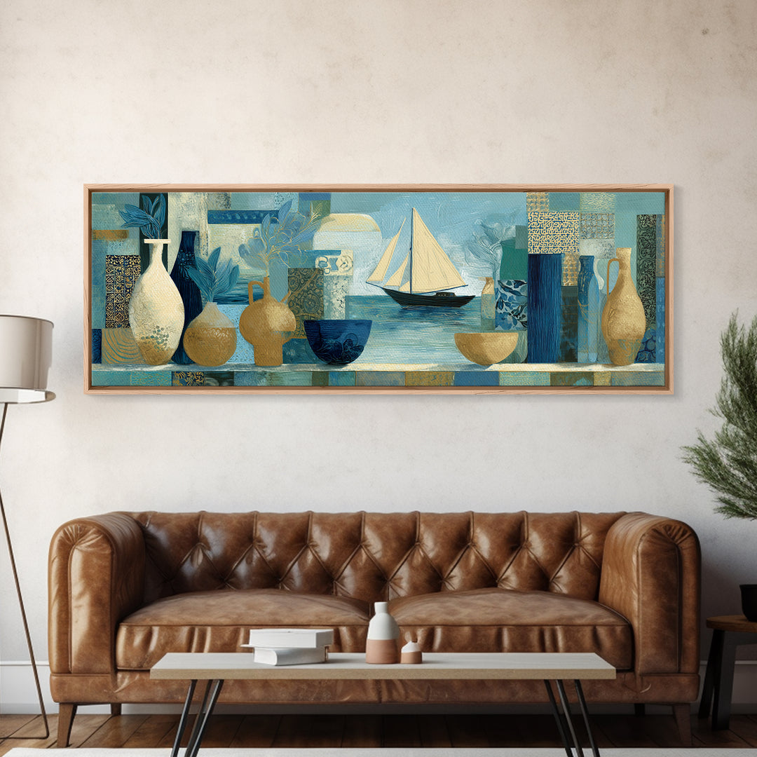 Mediterranean Sailboat on Glassy Water Framed Canvas Print, Mediterranean Art, Printable Art, Living Room Decor, Azure, MAR-3x1-82
