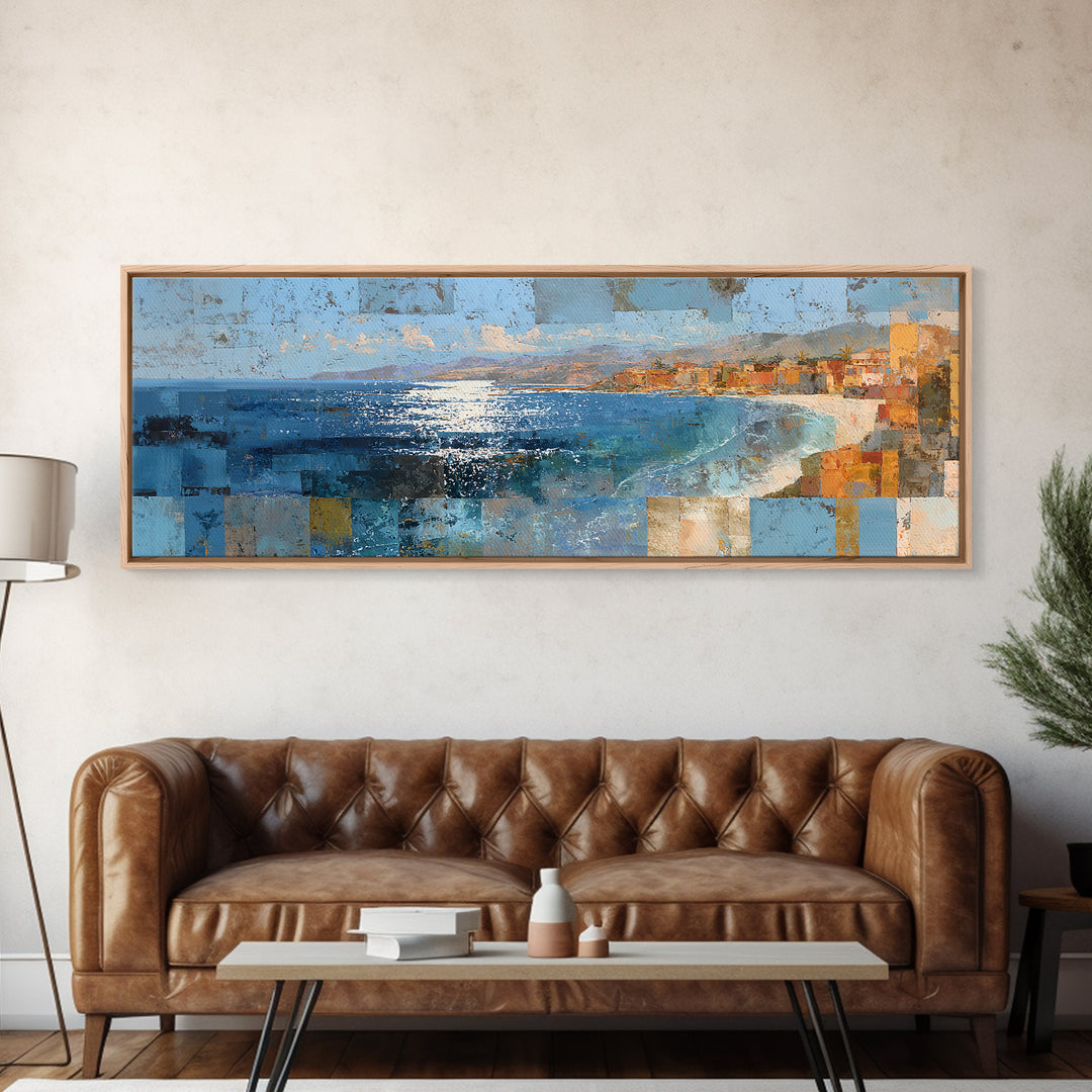 Coastal Cliffs with Sparkling Blue Water Framed Canvas Print, Mediterranean Art, Printable Wall Art, Living Room Decor, Azure, MAR-3x1-84