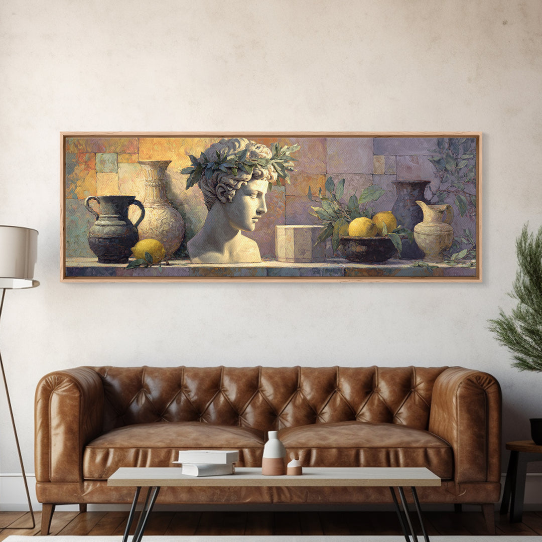 Roman Statue Bust Canvas Print, Mediterranean Art, Digital Wall Art, Living Room Decor, Watercolor Art, Azure, Coastal Wall Art, MAR-3x1-86
