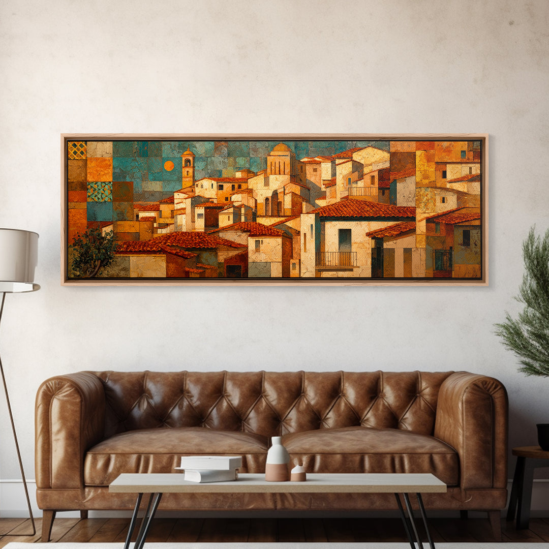 Sunset over Red Tiled Rooftops Framed Canvas Print, Mediterranean Art, Oil Painting, Living Room Decor, Fine Art, Azure, MAR-3x1-87
