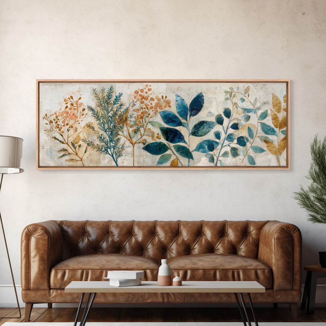 Wild Herbs Rosemary and Thyme Botanical Study Canvas Print, Mediterranean Art, Textured Painting, Living Room Decor, Azure, MAR-3x1-88