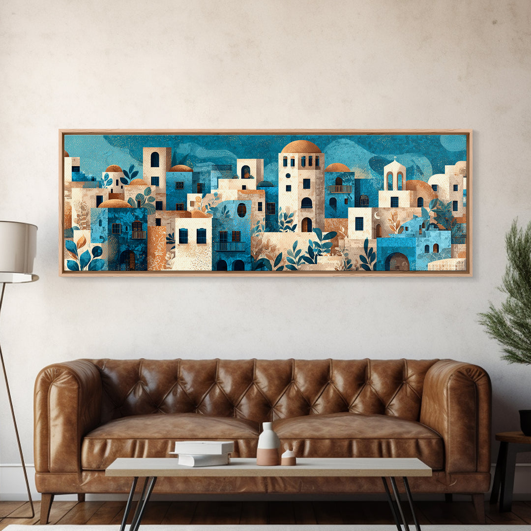 Greek Island White Buildings Above Blue Sea Canvas Print, Mediterranean Art, Landscape Painting, Living Room Decor, Azure, MAR-3x1-89