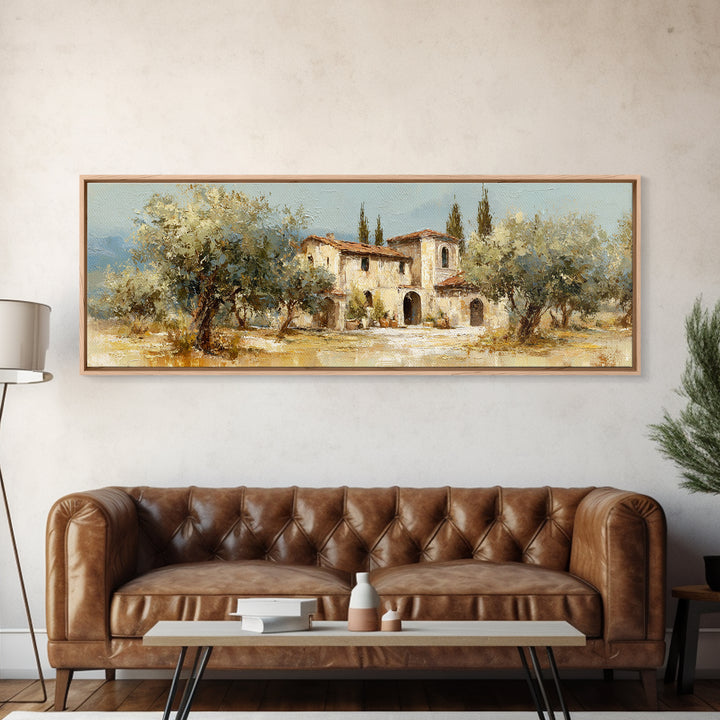 Olive Grove under Pale Morning Light Framed Canvas Print, Mediterranean Art, Oil Painting, Living Room Decor, Fine Art, Azure, MAR-3x1-9