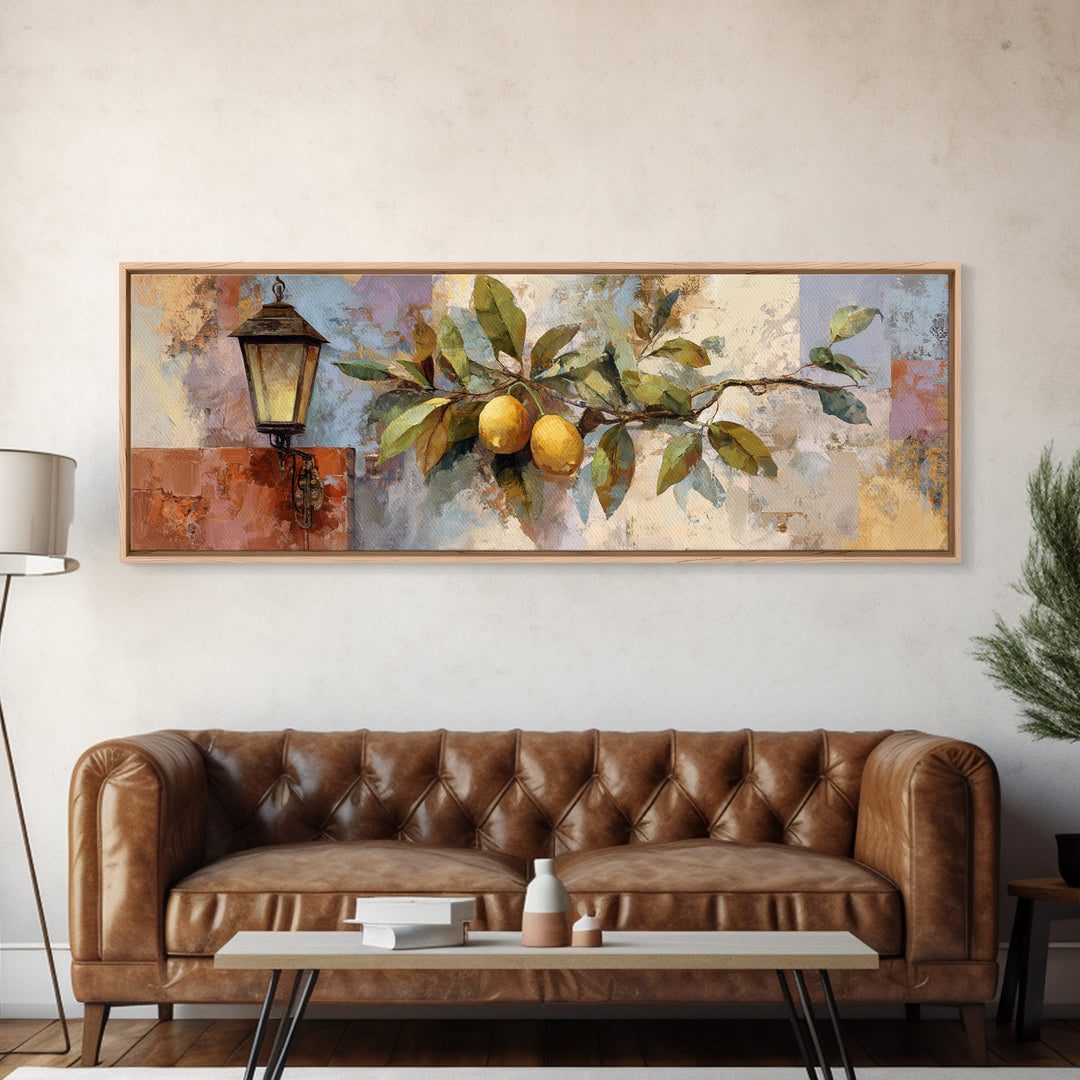 Olive Branch and Lemons on Terracotta Ground Framed Canvas Print, Mediterranean Art, Nautical Decor, Living Room Decor, Azure, MAR-3x1-90