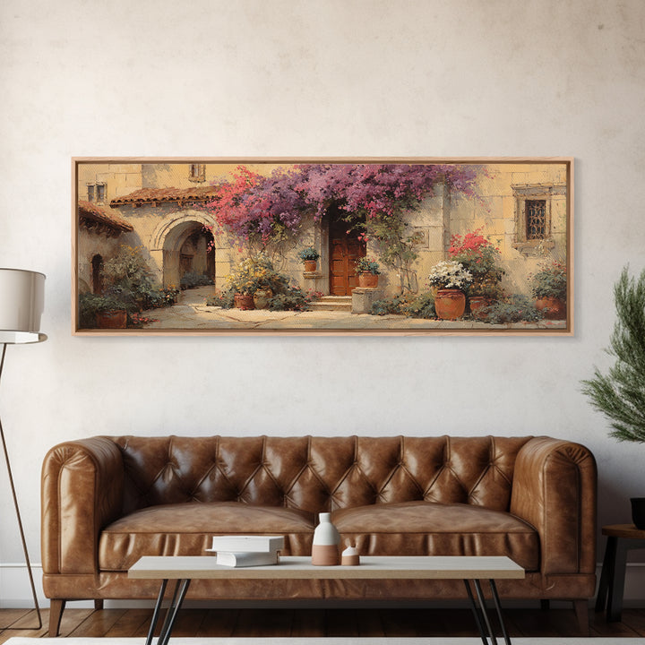 Bougainvillea Cascading over Stone Wall Canvas Print, Mediterranean Art, Coastal Art, Living Room Decor, Fine Art, Azure, MAR-3x1-93