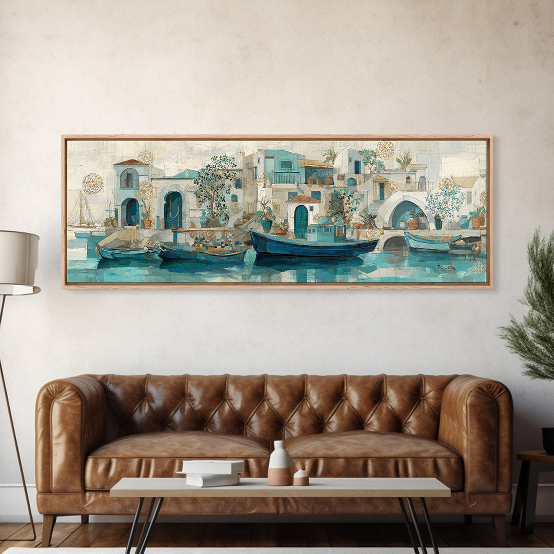 Coastal Fishing Boats Canvas Print, Mediterranean Art, Gallery Decor, Living Room Decor, Oil Painting, Azure, Minimalist Decor, MAR-3x1-95