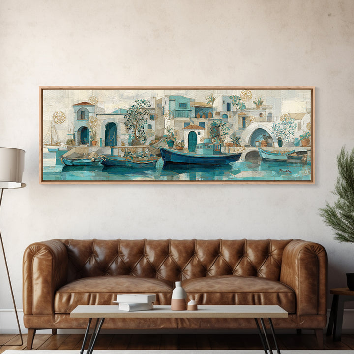 Coastal Fishing Boats Canvas Print, Mediterranean Art, Gallery Decor, Living Room Decor, Oil Painting, Azure, Minimalist Decor, MAR-3x1-95
