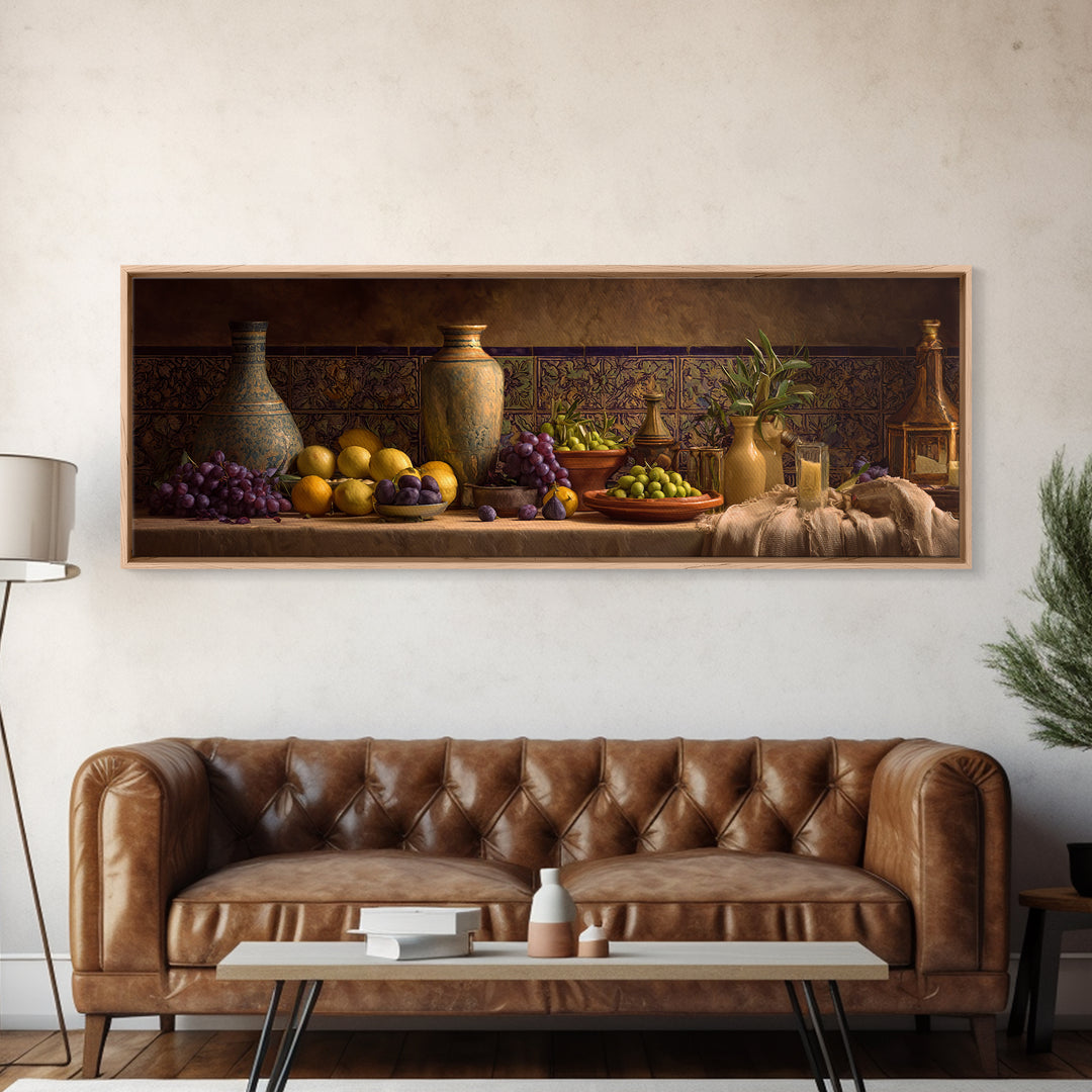 Figs Olives and Cheese Still Life Canvas Print, Mediterranean Art, Gallery Wall Art, Living Room Decor, Fine Art, Azure, MAR-3x1-96