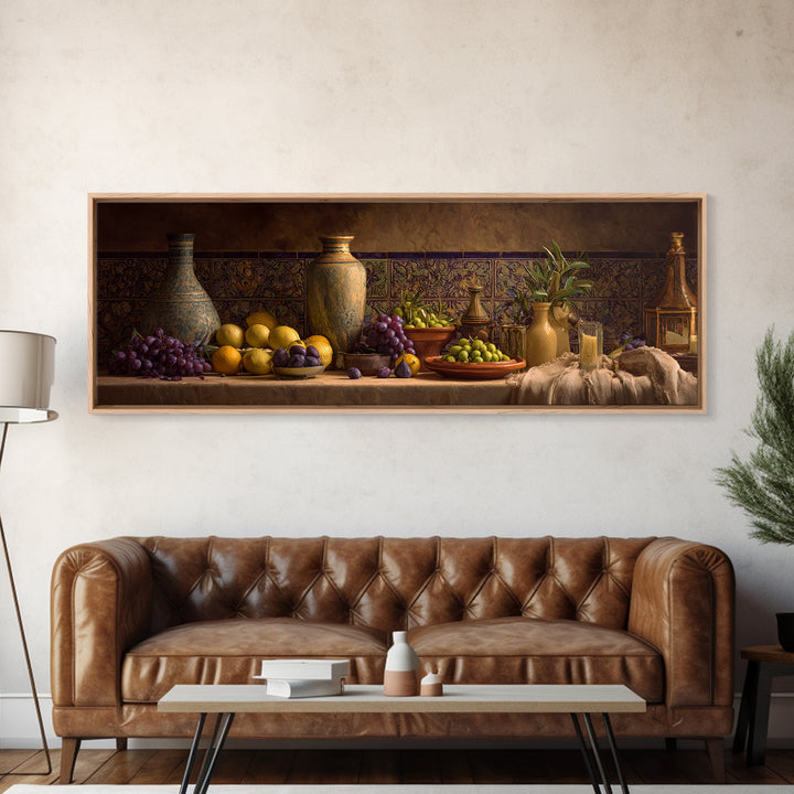 Figs Olives and Cheese Still Life Canvas Print, Mediterranean Art, Gallery Wall Art, Living Room Decor, Fine Art, Azure, MAR-3x1-96