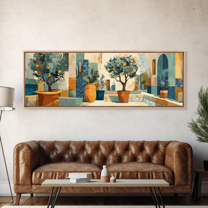 Citrus Tree in Clay Pot Canvas Print, Mediterranean Art, Digital Art Prints, Living Room Decor, Fine Art, Azure, Travel Poster, MAR-3x1-98