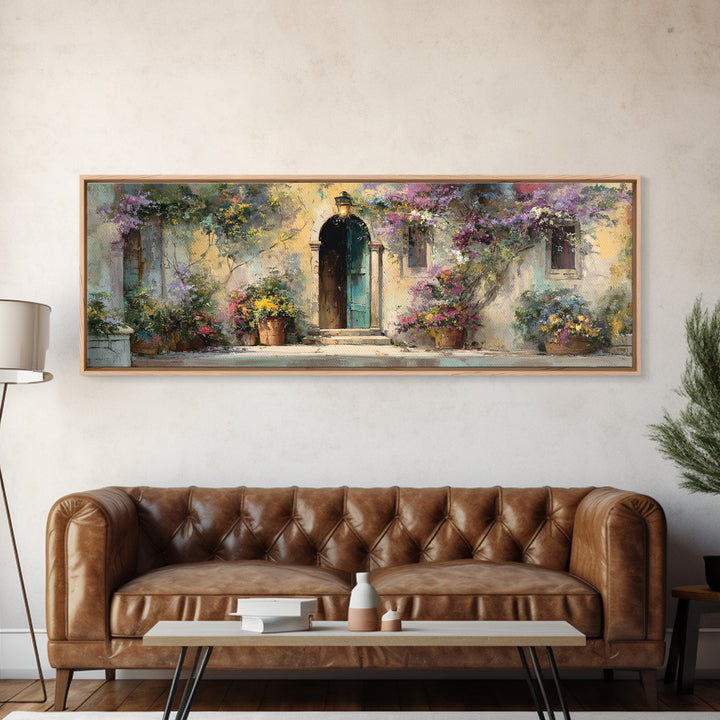 Sunlit Courtyard Doorway Framed Canvas Print, Mediterranean Art, Wall Decor, Living Room Decor, Oil Painting, Azure, MAR-3x1-99