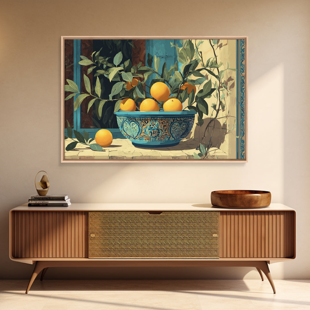 Ceramic Bowl of Oranges and Leaves Canvas Print, Mediterranean Art, Large Wall Art, Living Room Decor, Fine Art, Azure, MAR-3x2-1