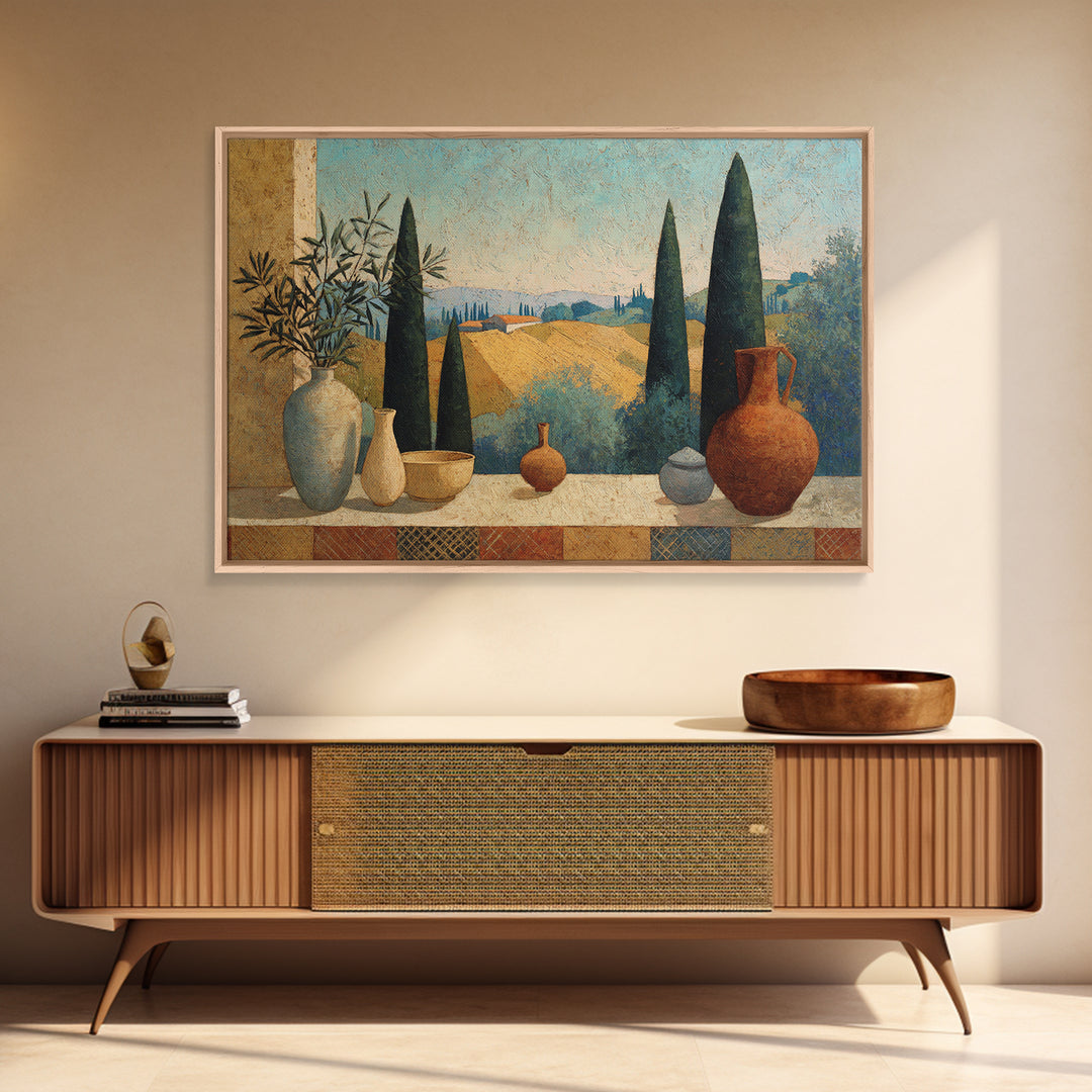Tuscan Cypress Trees and Golden Hillside Framed Canvas Print, Mediterranean Art, Framed Wall Art, Living Room Decor, Azure, MAR-3x2-10