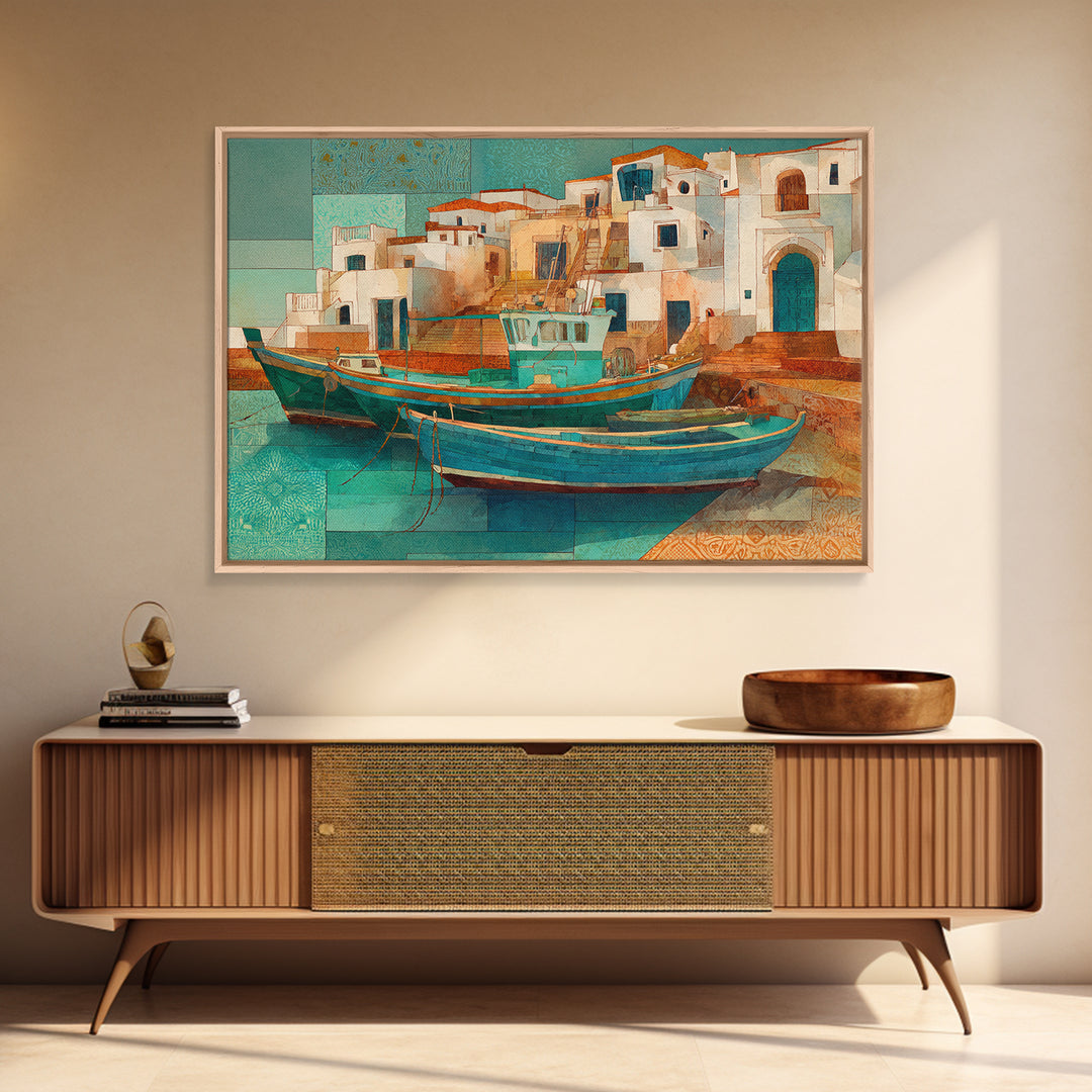 Coastal Fishing Boats Canvas Print, Mediterranean Art, Farmhouse Decor, Living Room Decor, Fine Art, Azure, Landscape Painting, MAR-3x2-11