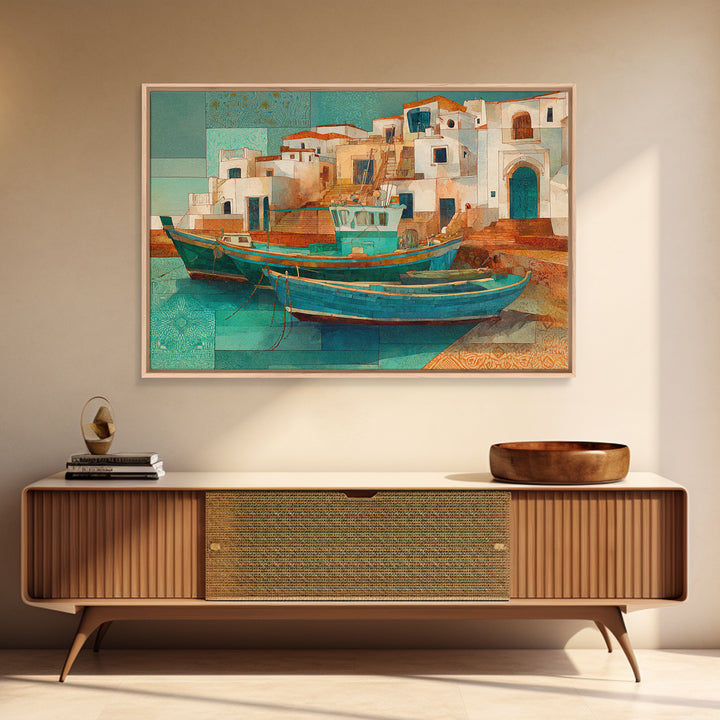 Coastal Fishing Boats Canvas Print, Mediterranean Art, Farmhouse Decor, Living Room Decor, Fine Art, Azure, Landscape Painting, MAR-3x2-11