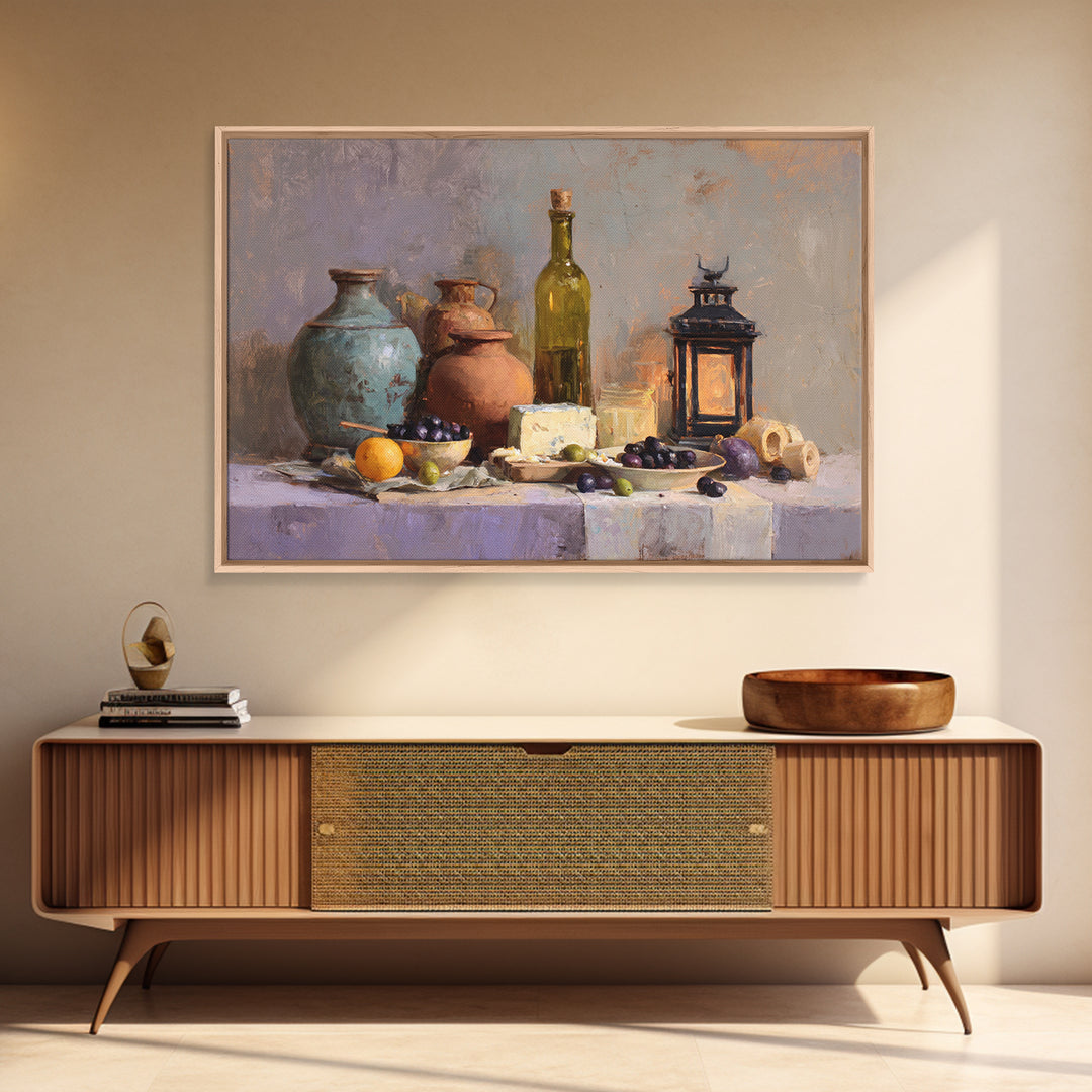 Figs Olives and Cheese Still Life Canvas Print, Mediterranean Art, Oil Painting, Living Room Decor, Azure, Nautical Decor, MAR-3x2-12