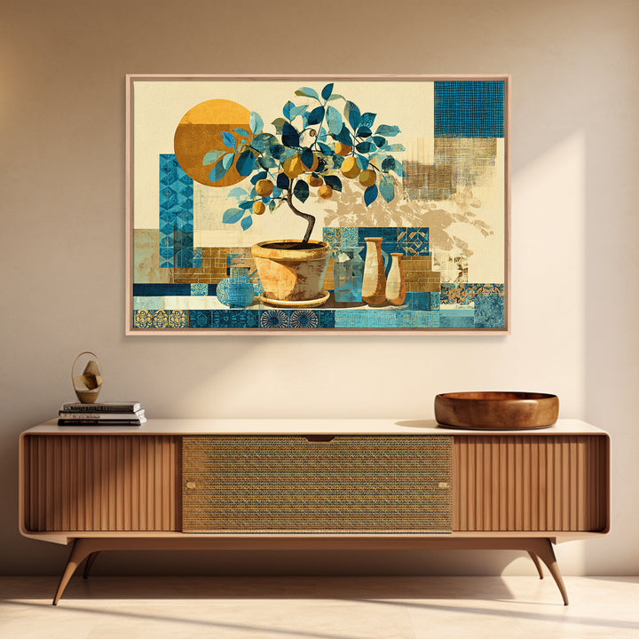 Citrus Tree in Clay Pot Framed Canvas Print, Mediterranean Art, Printable Wall Art, Living Room Decor, Fine Art, Azure, MAR-3x2-14