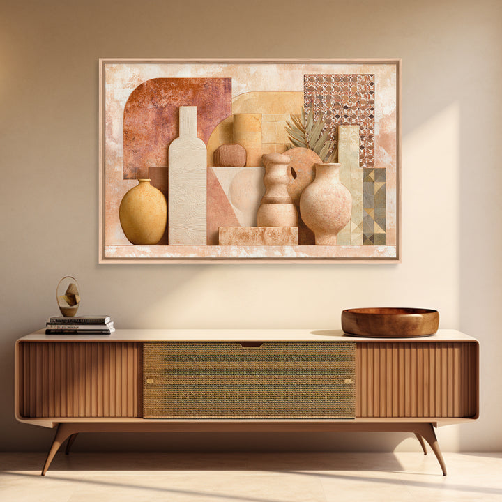 Warm Terra Cotta Abstract Landscape Framed Canvas Print, Mediterranean Art, Original Painting, Living Room Decor, Azure, MAR-3x2-18