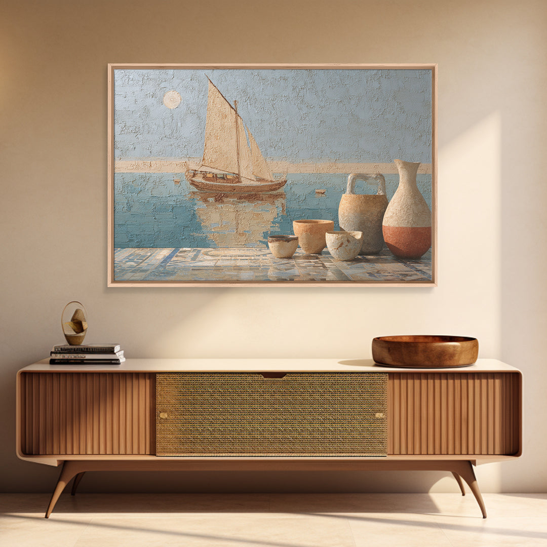 Mediterranean Sailboat on Glassy Water Canvas Print, Mediterranean Art, Oil Painting, Living Room Decor, Azure, Nautical Decor, MAR-3x2-22